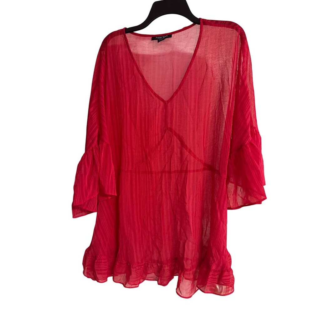 Arna York Womens Red Sheer Tunic Blouse 3/4 Sleeve V-Neck Ruffled Hem Size 26/28